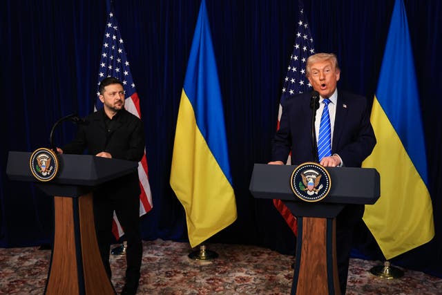 <p>US president Donald Trump speaks alongside Ukrainian president Volodymyr Zelensky during a press conference</p>