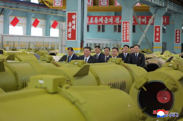 <p>Kim Jong Un inspects missile and shell production at a factory in an undisclosed location in North Korea </p>