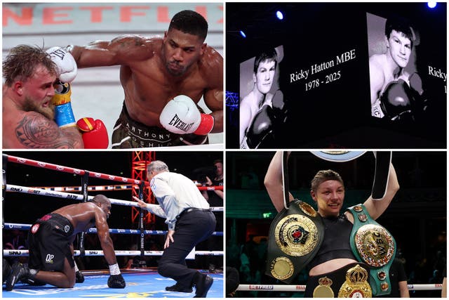 <p>Clockwise from top left: Jake Paul beaten by Anthony Joshua, a tribute to Ricky Hatton, a victorious Lauren Price, a defeated Daniel Dubois</p>