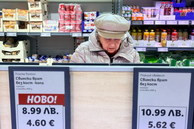 <p>A woman shops inside a Lidl store in Sofia where prices are already displayed in both currencies</p>