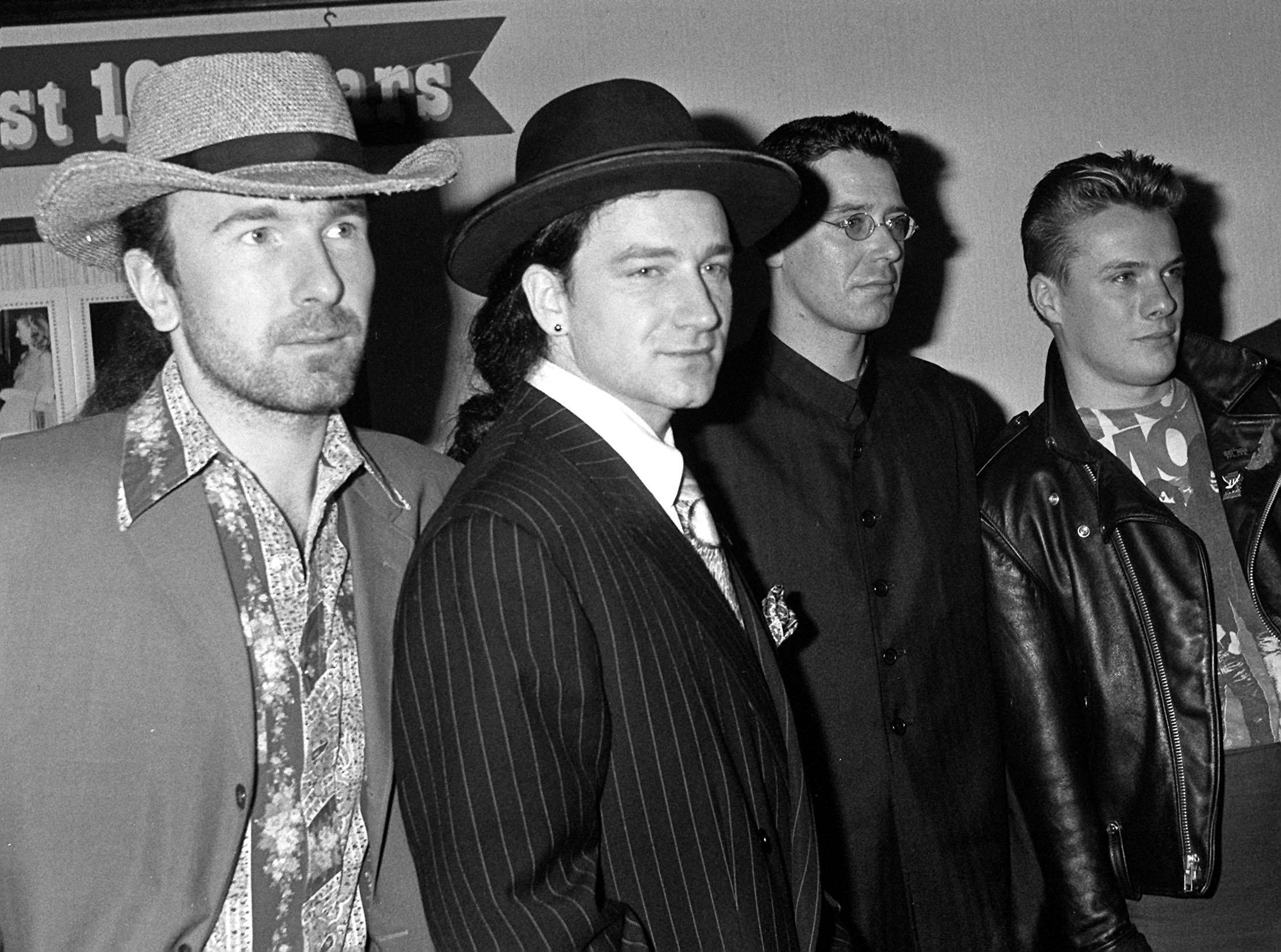U2 members (left to right) Dave 'The Edge' Evans, Bono, Adam Clayton and Larry Mullen in Dublin