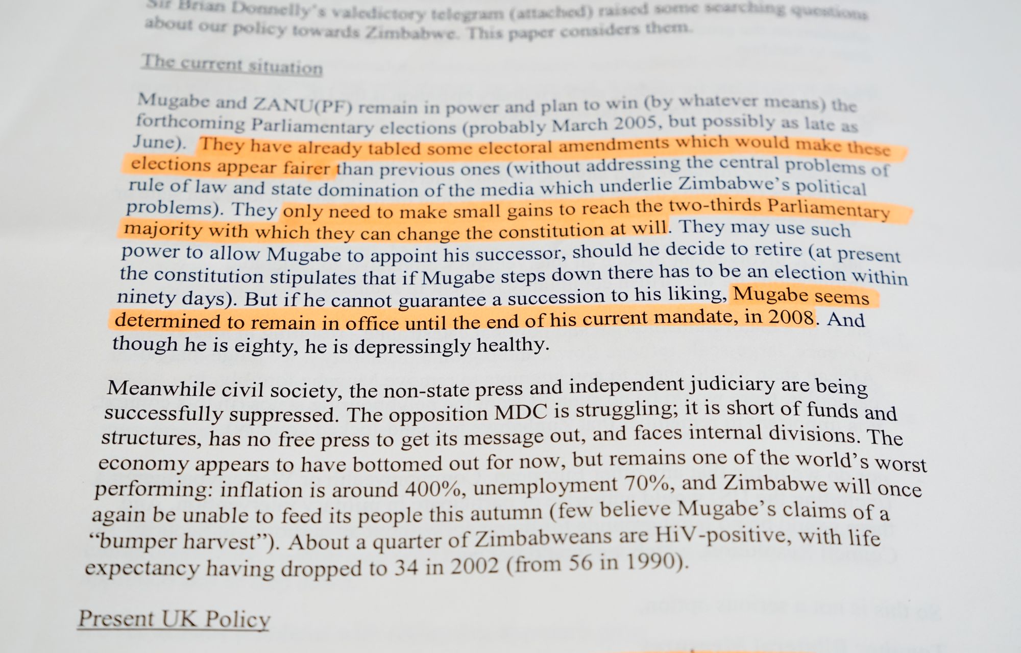 An excerpt from a document released by the National Archives regarding policy towards Zimbabwe.