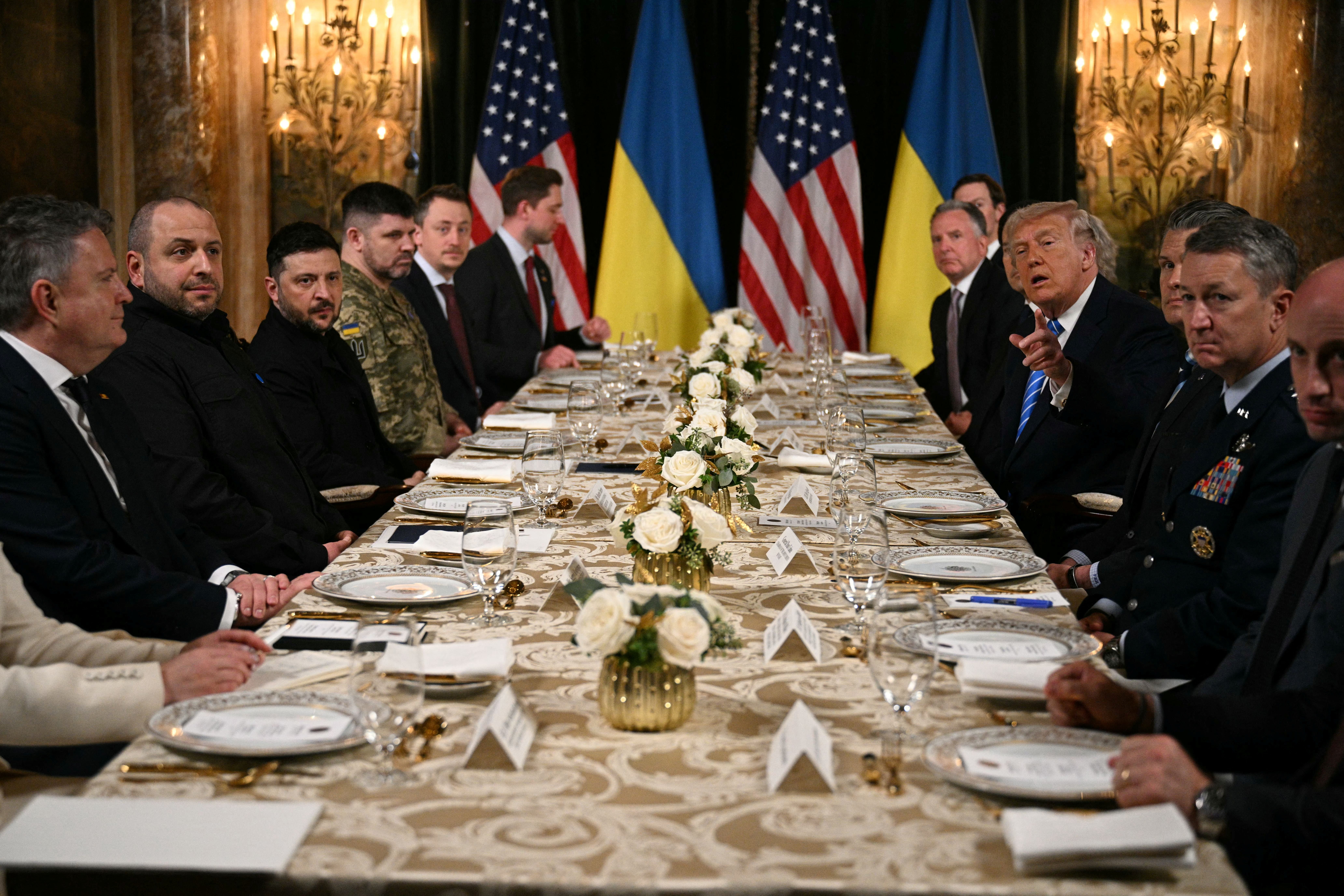 <p>President Donald Trump addresses the press as he hosts a dinner for his Ukrainian counterpart Volodymyr Zelensky and his delegation at Mar-a-Lago in Palm Beach, Florida, on Sunday December 28, 2025 </p>