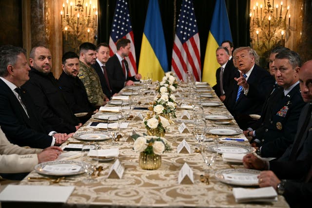 <p>President Donald Trump addresses the press as he hosts a dinner for his Ukrainian counterpart Volodymyr Zelensky and his delegation at Mar-a-Lago in Palm Beach, Florida, on Sunday December 28, 2025 </p>