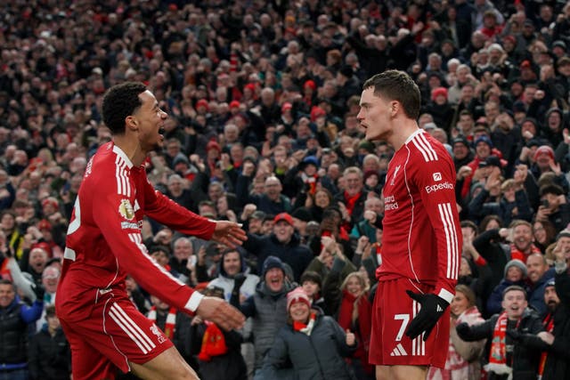 <p>Florian Wirtz celebrates his first Liverpool goal with Hugo Ekitike, the only one of Liverpool's new recruits that can be classed as a success over the first half of the season </p>