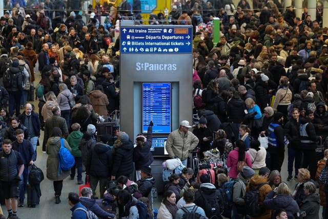 <p>Travellers queue for Eurostar services at London’s St Pancras International station on Tuesday</p>