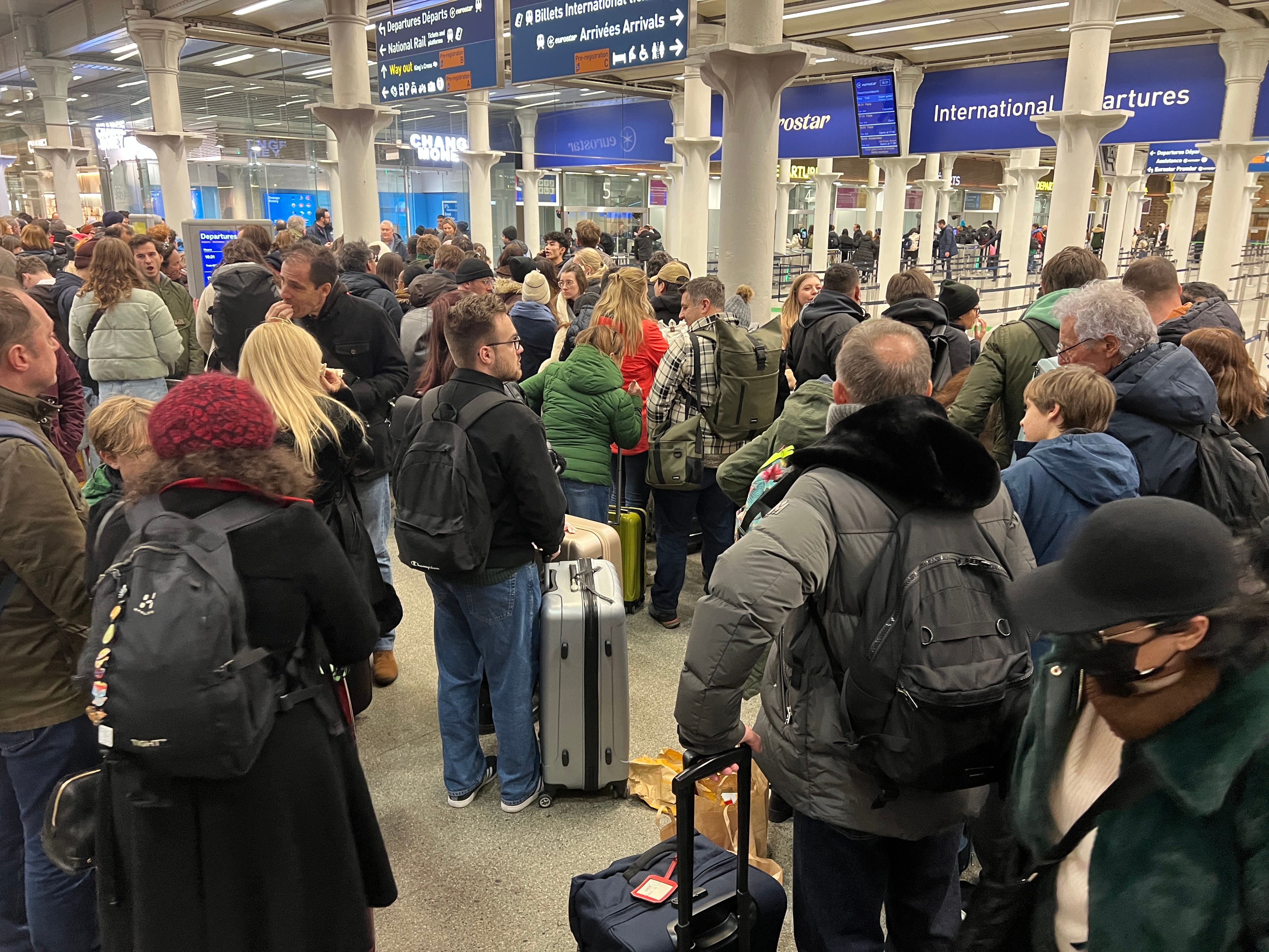 <p>Going nowhere: Eurostar passengers at London St Pancras International </p>