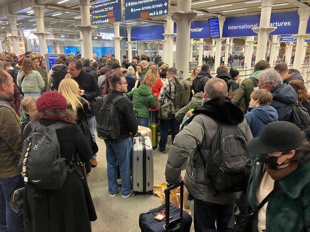 <p>Going nowhere: Eurostar passengers at London St Pancras International </p>