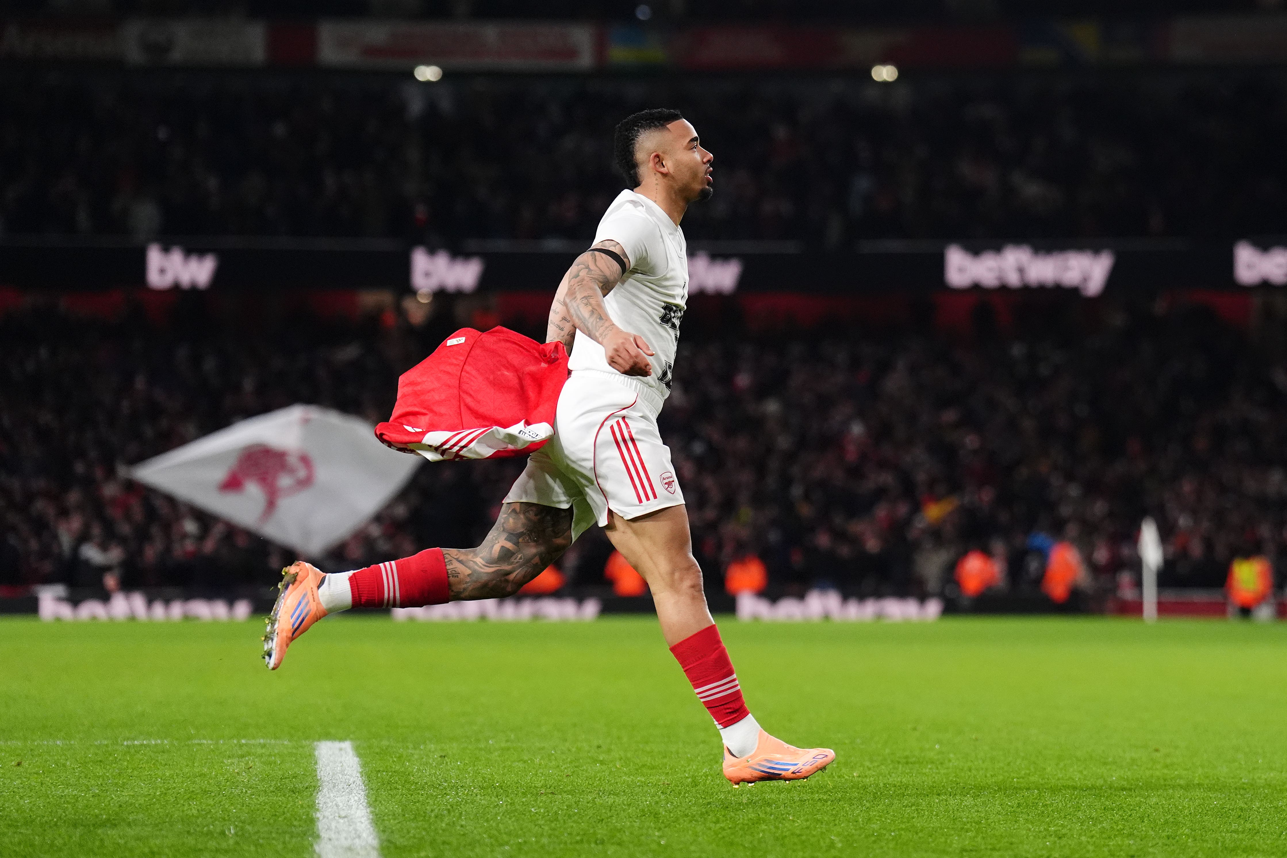 Arsenal’s Gabriel Jesus celebrates scoring the fourth goal (John Walton/PA)