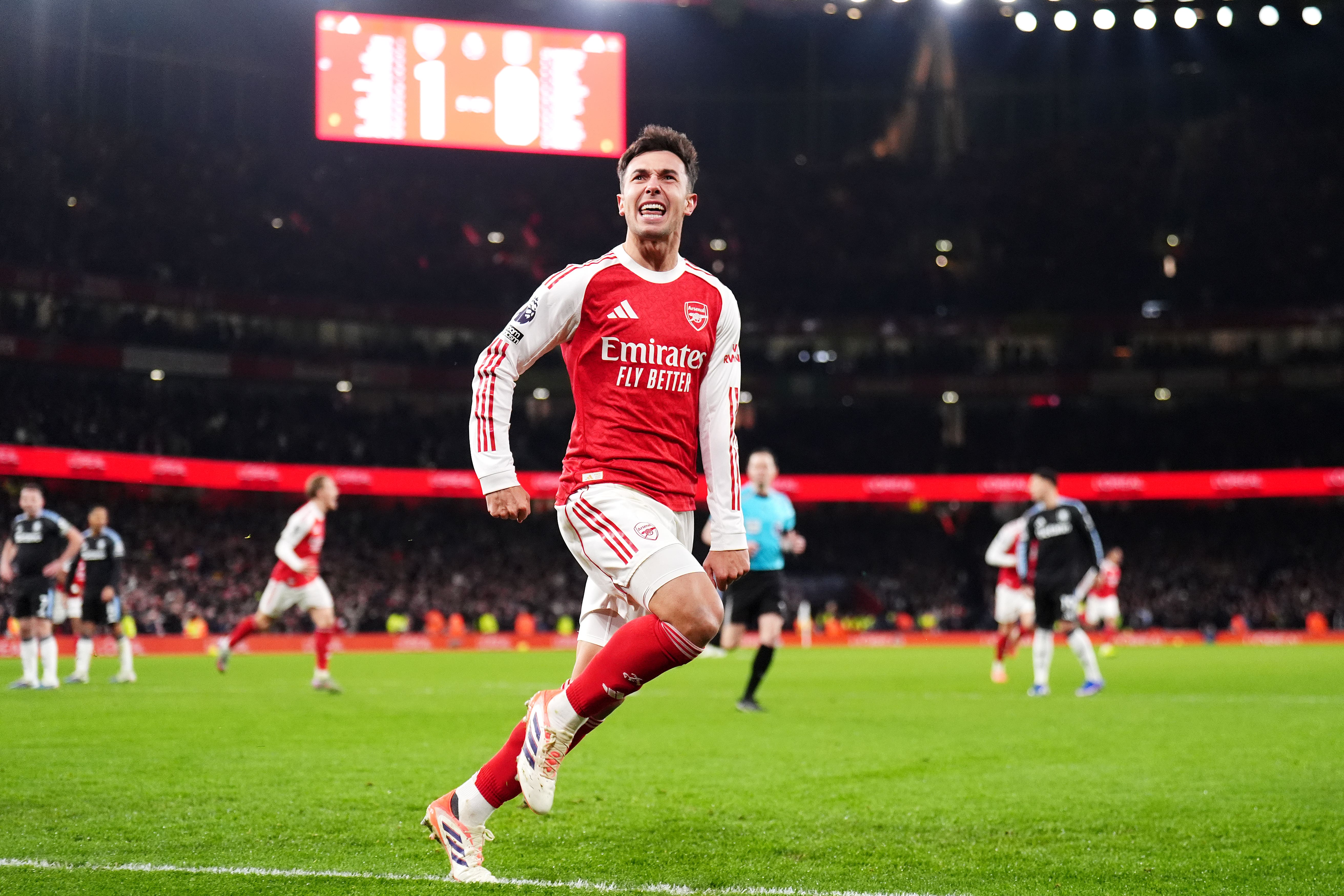 Arsenal’s Martin Zubimendi celebrates scoring the second goal against Aston Villa (John Walton/PA)