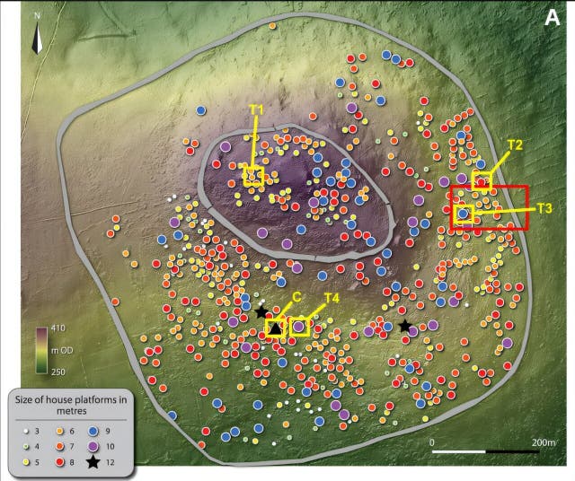 <p>Map of Brusselstown Ring showing locations of what may be roundhouse footprints, test trenches and the possible water cistern</p>