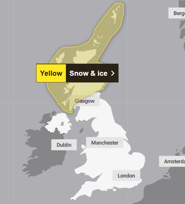 A yellow weather warning is also in effect for parts of Scotland on Saturday
