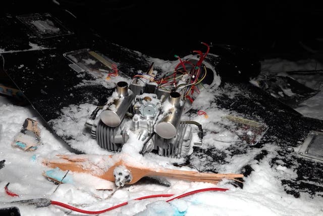 <p>This image from udated video provided by the Russian Defense Ministry Press Service shows a downed drone</p>