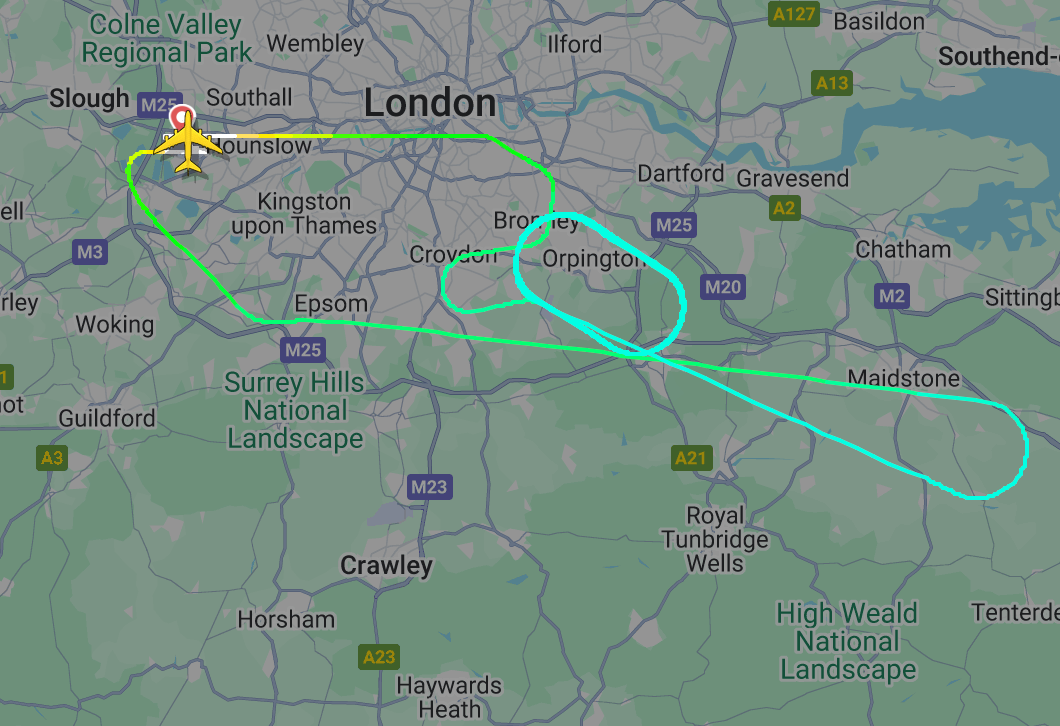  Flightpath of Emirates EK2, which turned back to London Heathrow airport rather than continuing to Dubai