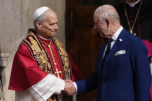 The King shaking hands with Pope Leo XIV at the Vatican, during a state visit
