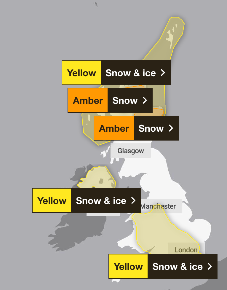 Multiple weather warnings for snow and ice are in place for 2 January