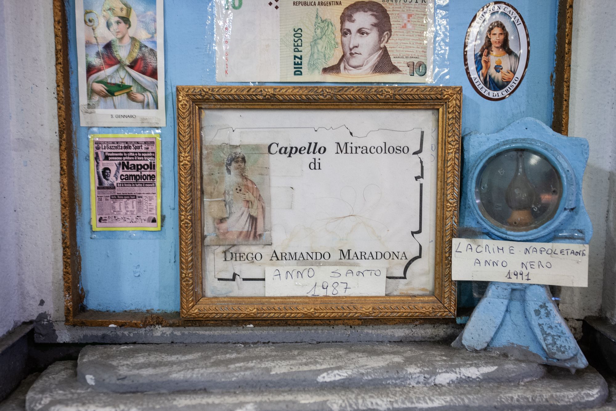 A shrine to Maradona, including a relic of his hair
