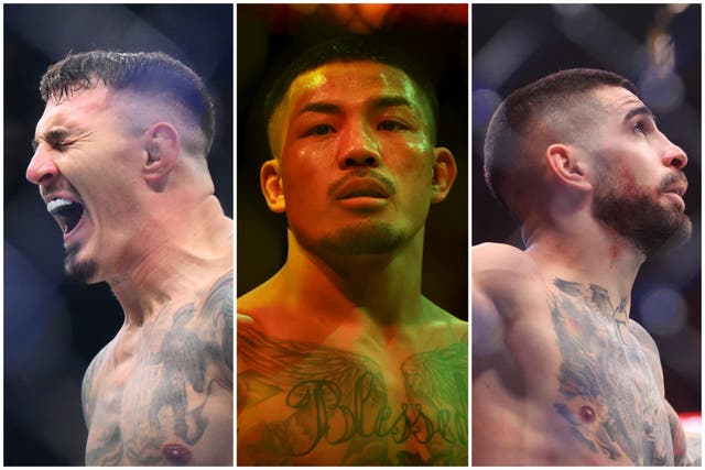 <p>Left to right: Tom Aspinall, Joshua Van and Ilia Topuria</p>