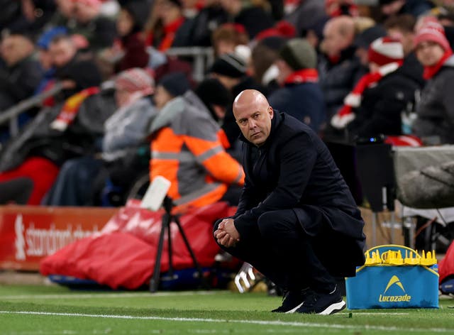 <p>Arne Slot during the Premier League match between Liverpool and Leeds United</p>