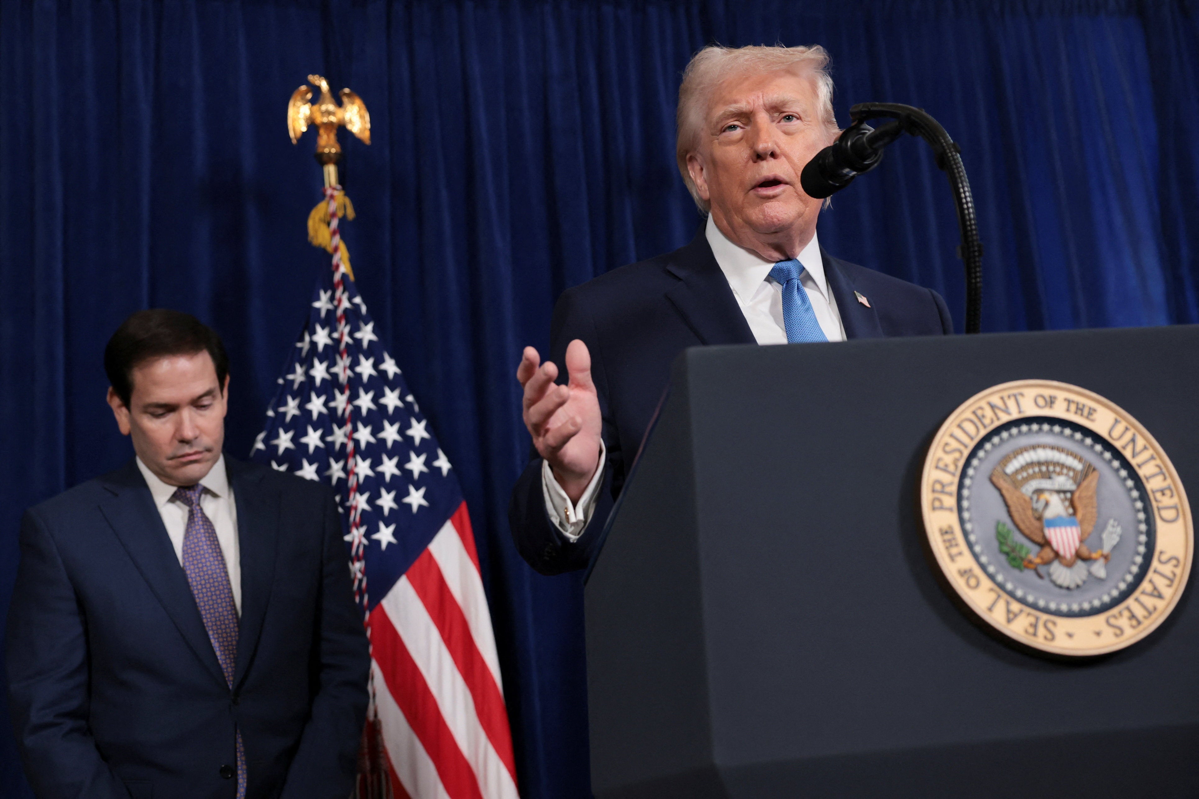 <p>President Donald Trump said his administration will ‘run’ Venezuela until a ‘peaceful’ transition can take place after US military forces captured Nicolas Maduro and his wife January 3</p>