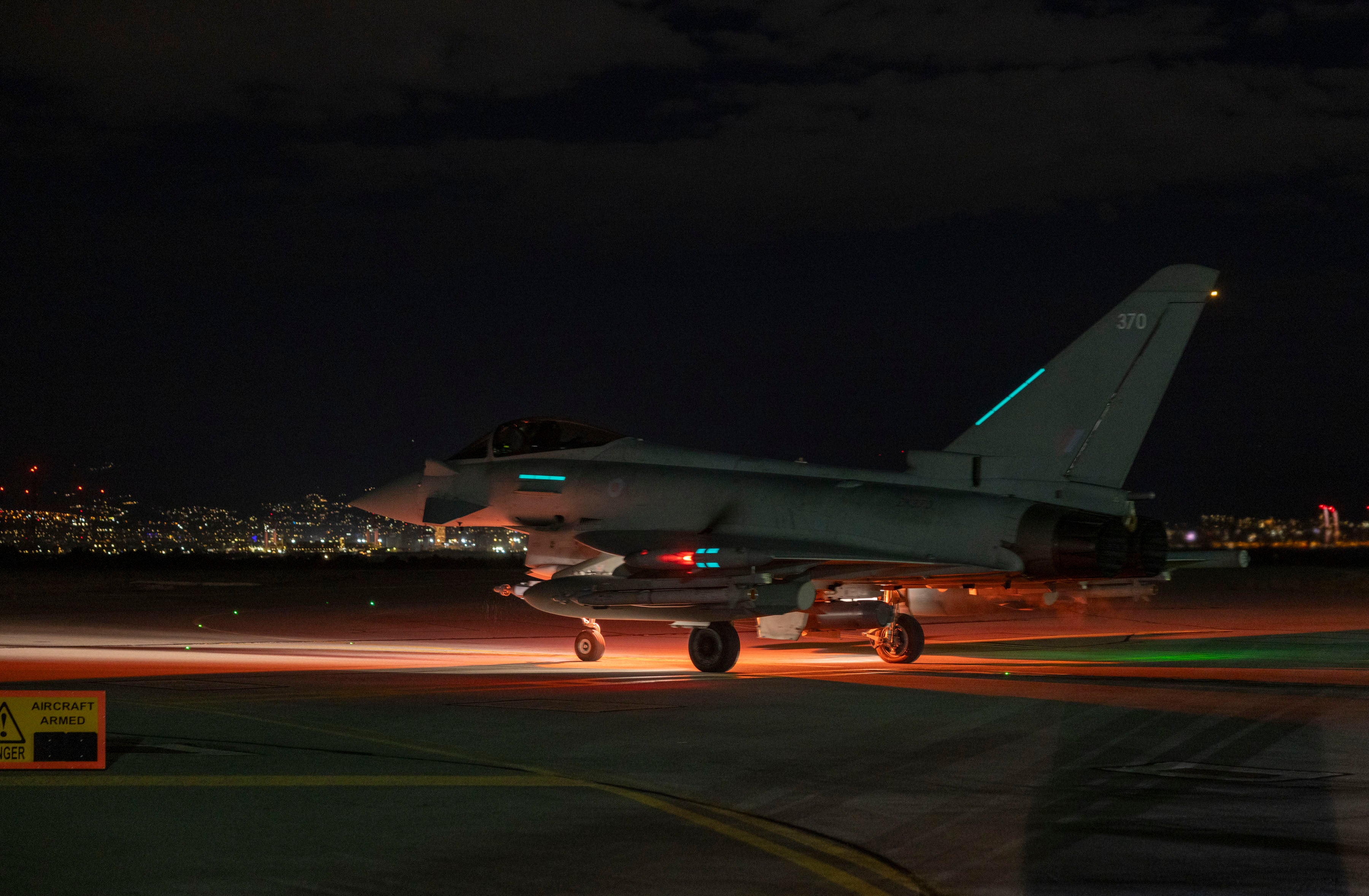 <p>Handout photo issued by the Ministry of Defence of a Royal Air Force Typhoon aircraft, preparing to take-off</p>