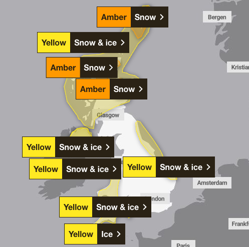 Yellow and amber weather warnings are in place across large parts of the UK