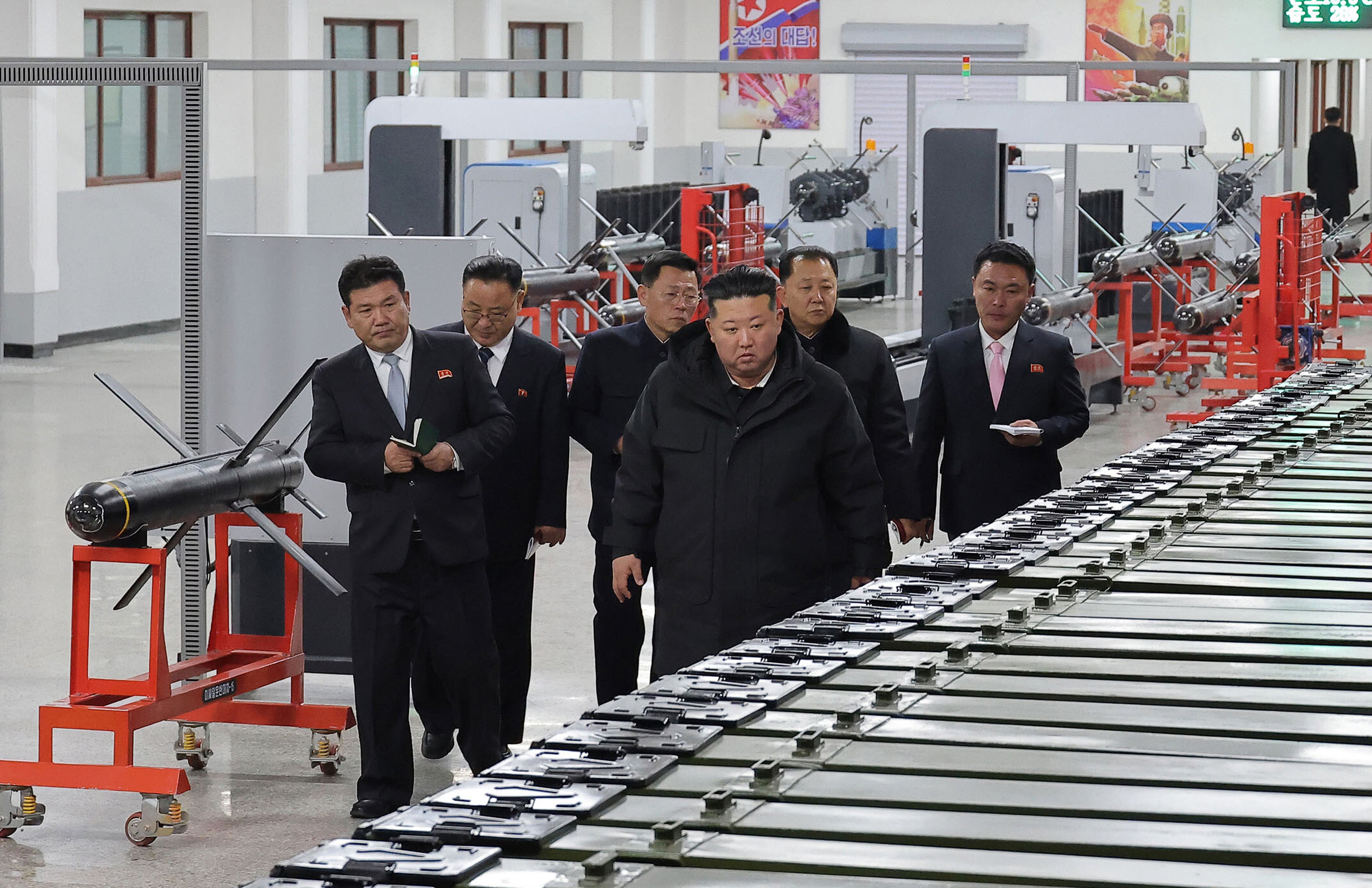 <p>In this photo provided by the North Korean government, its leader Kim Jong Un, front right, visits a major munitions factory at an undisclosed place in North Korea Saturday, Jan. 3, 2026. Independent journalists were not given access to cover the event depicted in this image distributed by the North Korean government. The content of this image is as provided and cannot be independently verified. (Korean Central News Agency/Korea News Service via AP)</p>