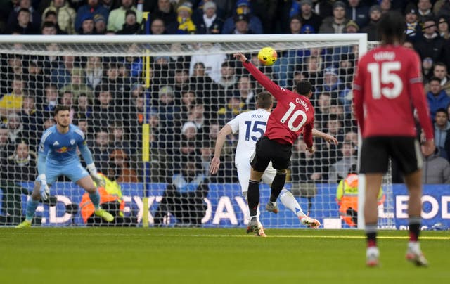 <p>Matheus Cunha (right) finds the Leeds net for Manchester United but his effort is ruled out for offside (Danny Lawson/PA).</p>