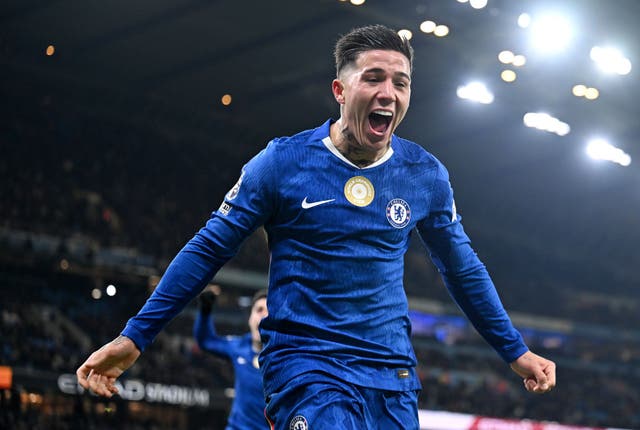 <p>Enzo Fernandez of Chelsea celebrates scoring</p>