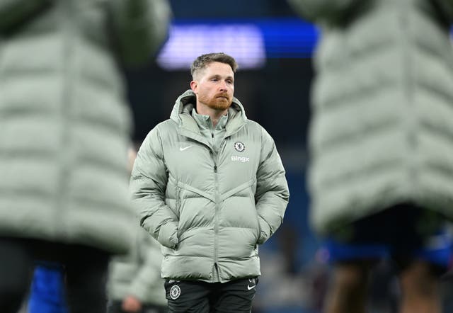 <p>Calum McFarlane, Interim Manager of Chelsea, looks on after the Premier League match between Manchester City and Chelsea</p>