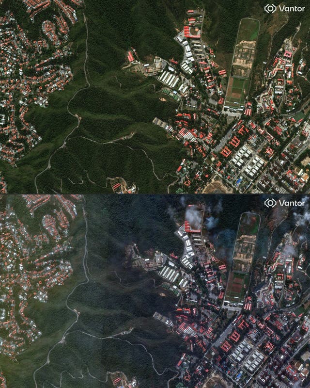 (COMBO) This combination of pictures created on January 03, 2026, shows a handout satellite image by Vantor taken on December 22, 2025, showing an overview of Fuerte Tiuna (T), Venezuela's largest military complex, in Caracas, and a handout satellite image by Vantor received on January 3, 2026, showing an overview of Fuerte Tiuna, Venezuela's largest military complex, in Caracas. 