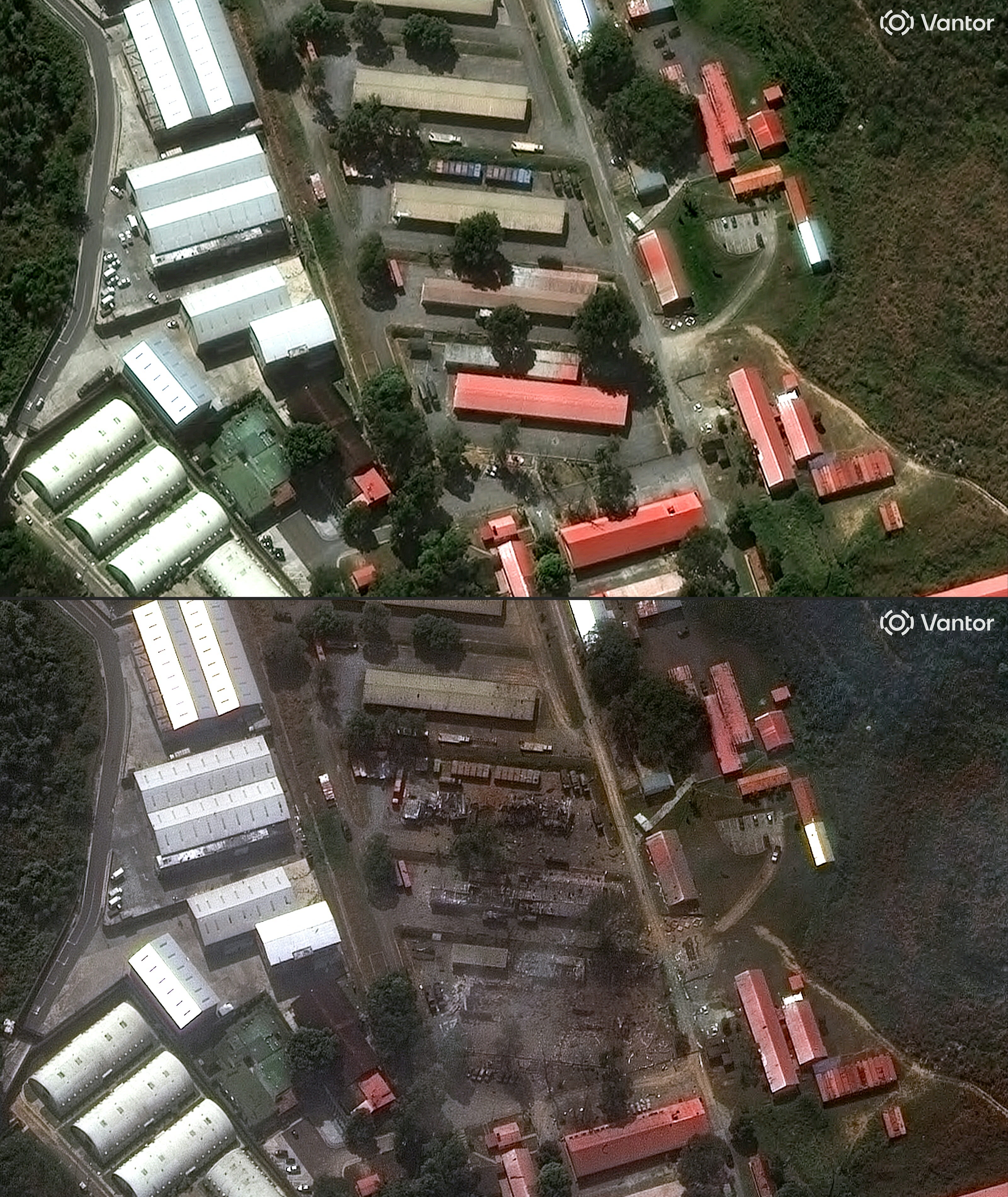 This combination of pictures created on January 03, 2026, shows a handout satellite image by Vantor taken on December 22, 2025, showing an overview of Fuerte Tiuna, Venezuela's largest military complex, in Caracas, and a handout satellite image by Vantor taken on January 3, 2026, showing an overview of Fuerte Tiuna, Venezuela's largest military complex, in Caracas, after a US military operation that led to the capture of Venezuelan President Nicolas Maduro (Vantour)