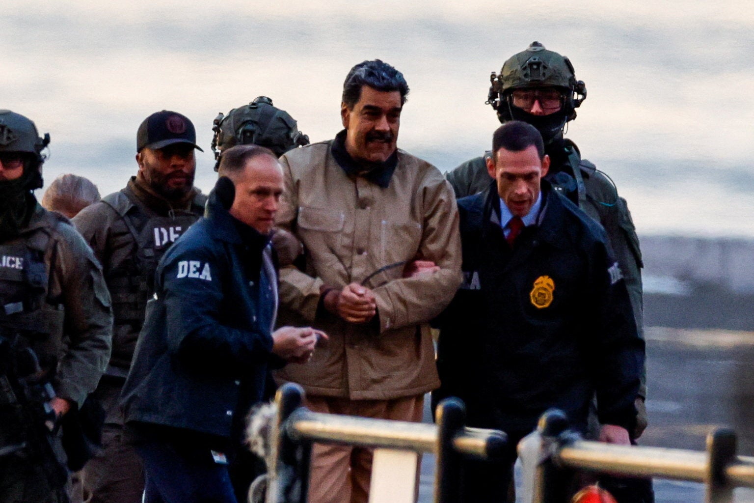 <p>Venezuelan President Nicolás Maduro and his wife, Cilia Flores, were transported from a helipad in New York City to armored vehicles Monday morning </p>