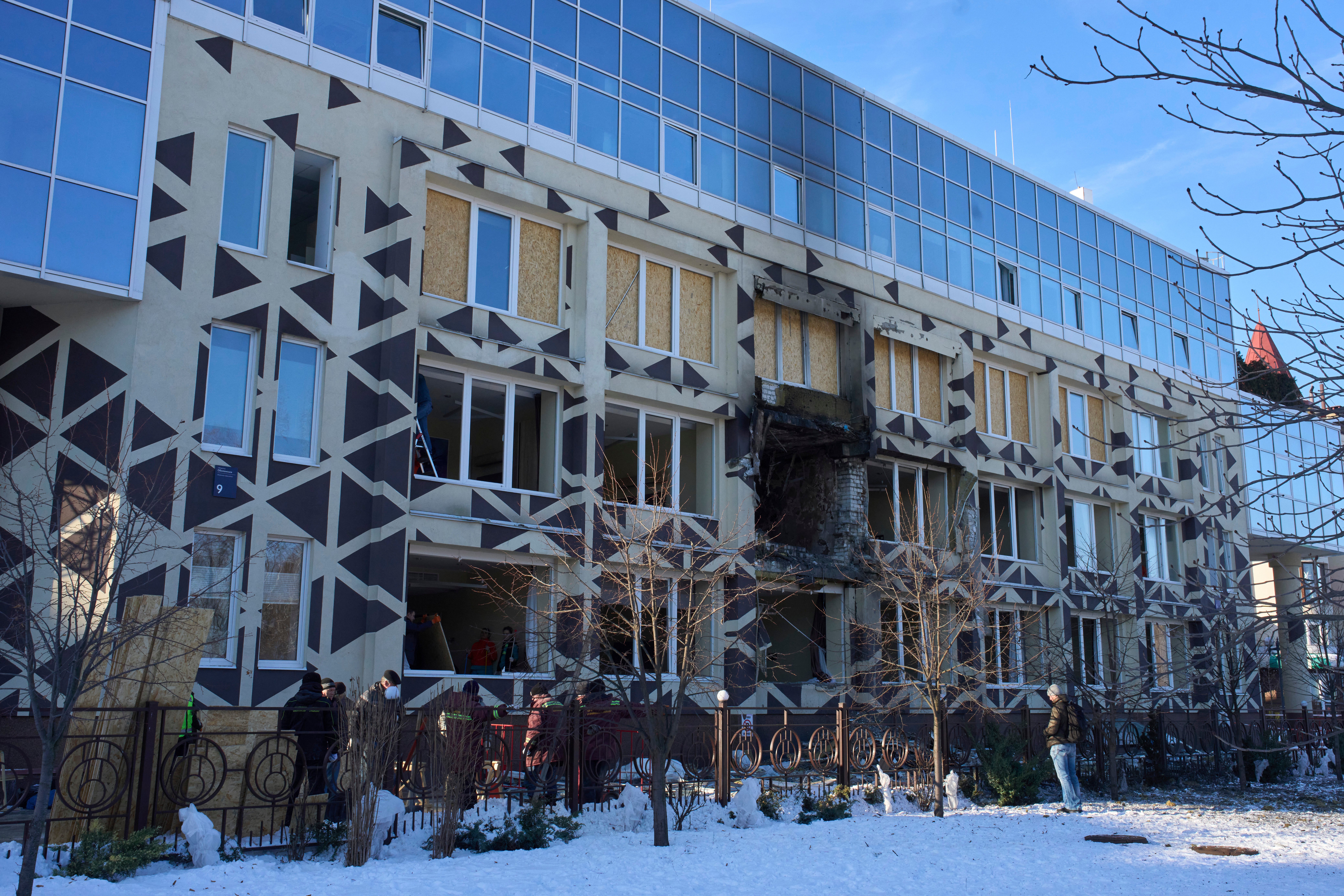 The damaged clinic following a Russian air attack in Kyiv on Monday