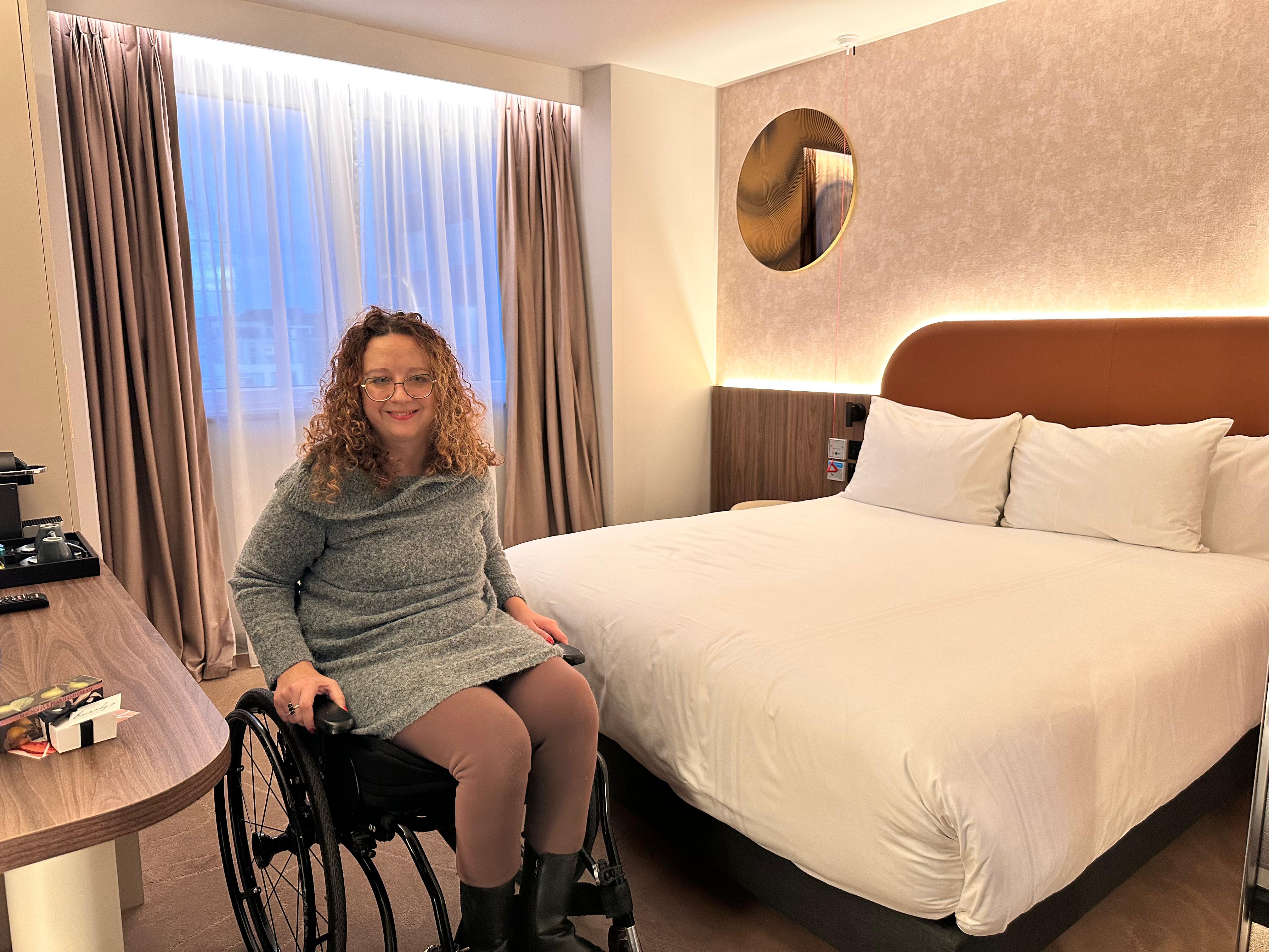 <p>Carrie-Ann in an accessible room at Mercure London Earl’s Court hotel</p>