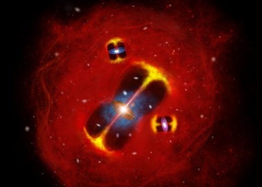 <p>Artist’s impression of a forming galaxy cluster in the early Universe: radio jets from active galaxies are embedded in a hot intracluster atmosphere (red), illustrating a large thermal reservoir of gas in the nascent cluster</p>