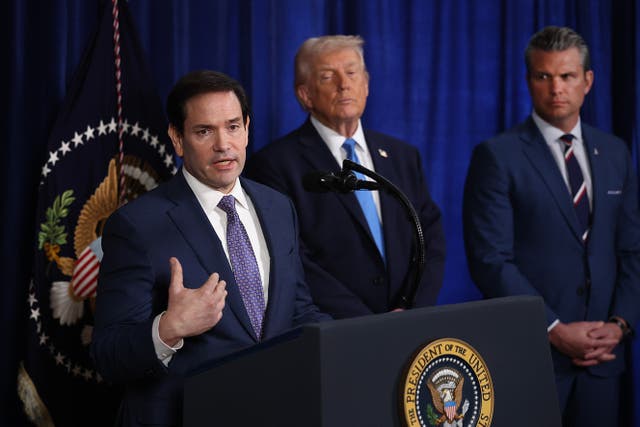 <p>Secretary of State Marco Rubio speaks during a press conference about U.S. actions in Venezuela on Saturday January 3, 2026, as President Donald Trump and Secretary of Defense Pete Hegseth look on</p>