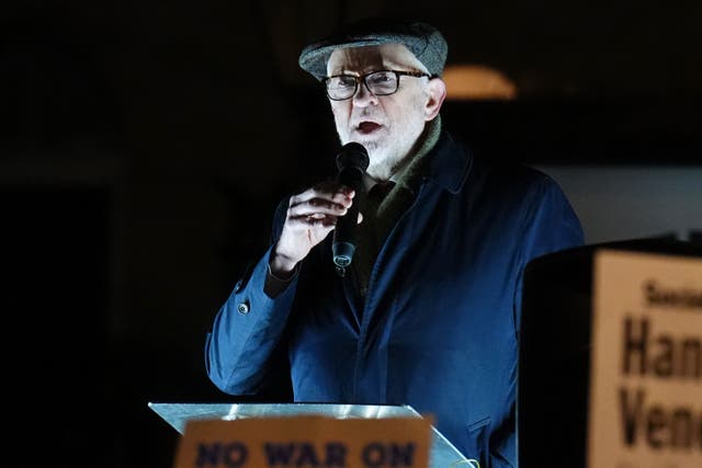 Jeremy Corbyn addresses campaigners as they gather for the Stop the War Coalition’s ‘No War On Venezuela’ protest (James Manning/PA)