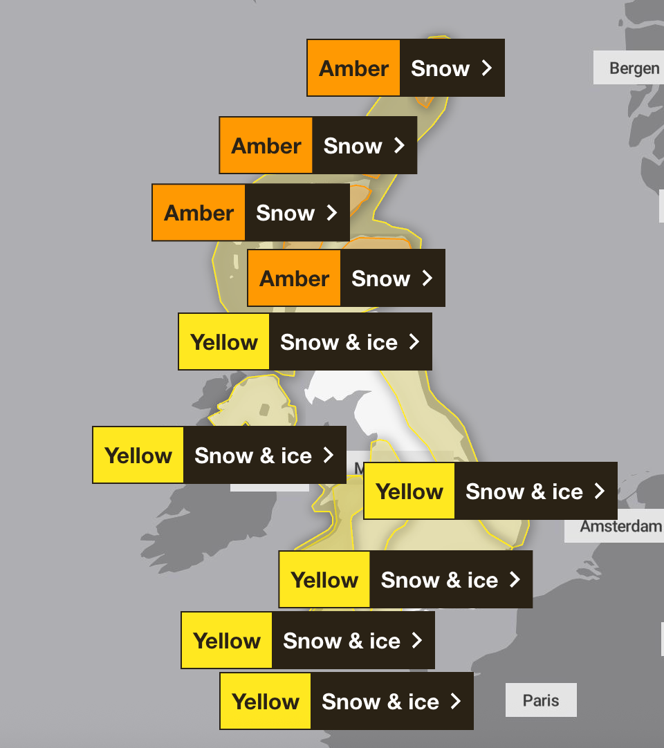 A string of snow and ice warnings were in place across the UK for Monday