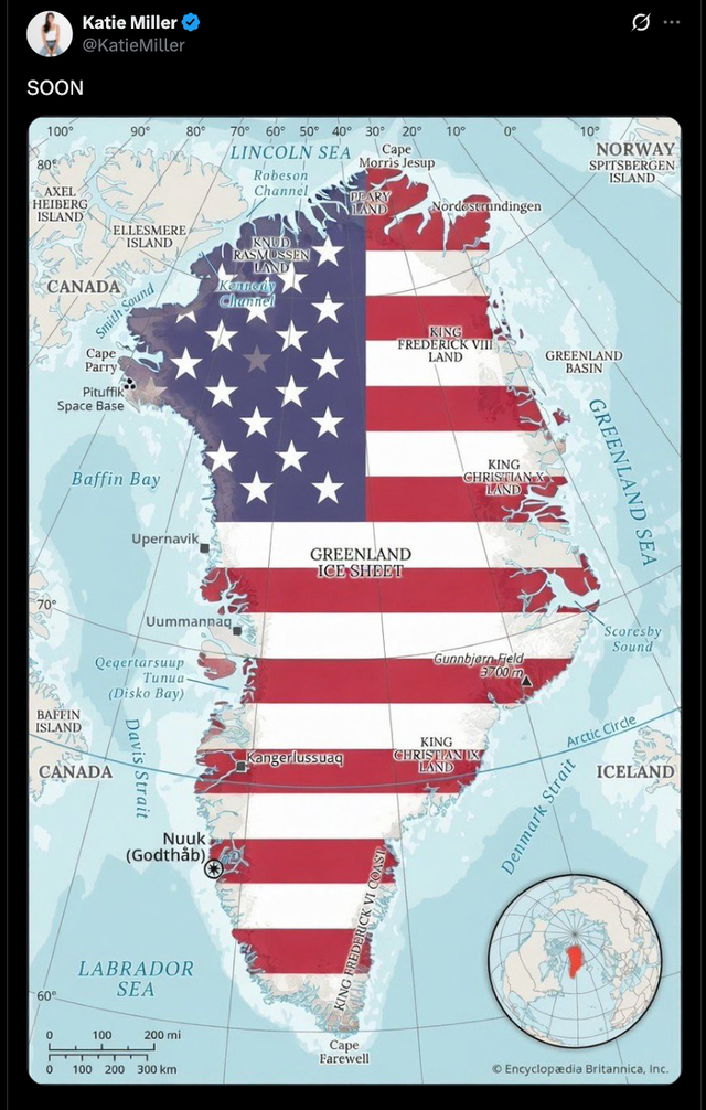 <p><a href="https://www.independent.co.uk/news/world/americas/us-politics/republican-trump-ukraine-russia-peace-plan-b2870645.html">GOP lawmaker</a> Don Bacon branded Homeland Security Advisor Stephen Miller’s interview about the future of Greenland as “really dumb.” Miller’s wife, Katie Miller, bragged about the possibility of a US occupation of Greenland by sharing this image on X</p>