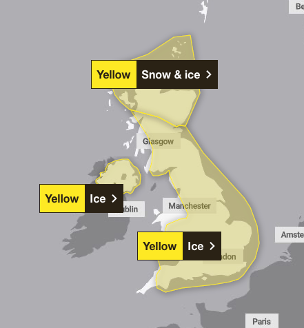 Snow and ice warnings will cover the UK on Wednesday