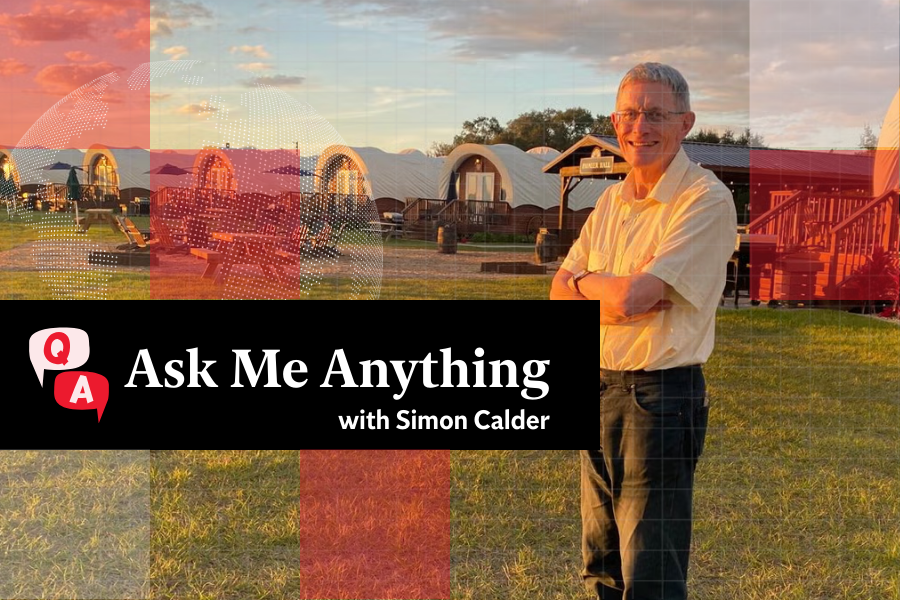 <p>Home on the range – Simon Calder with a pre-increase Esta </p>