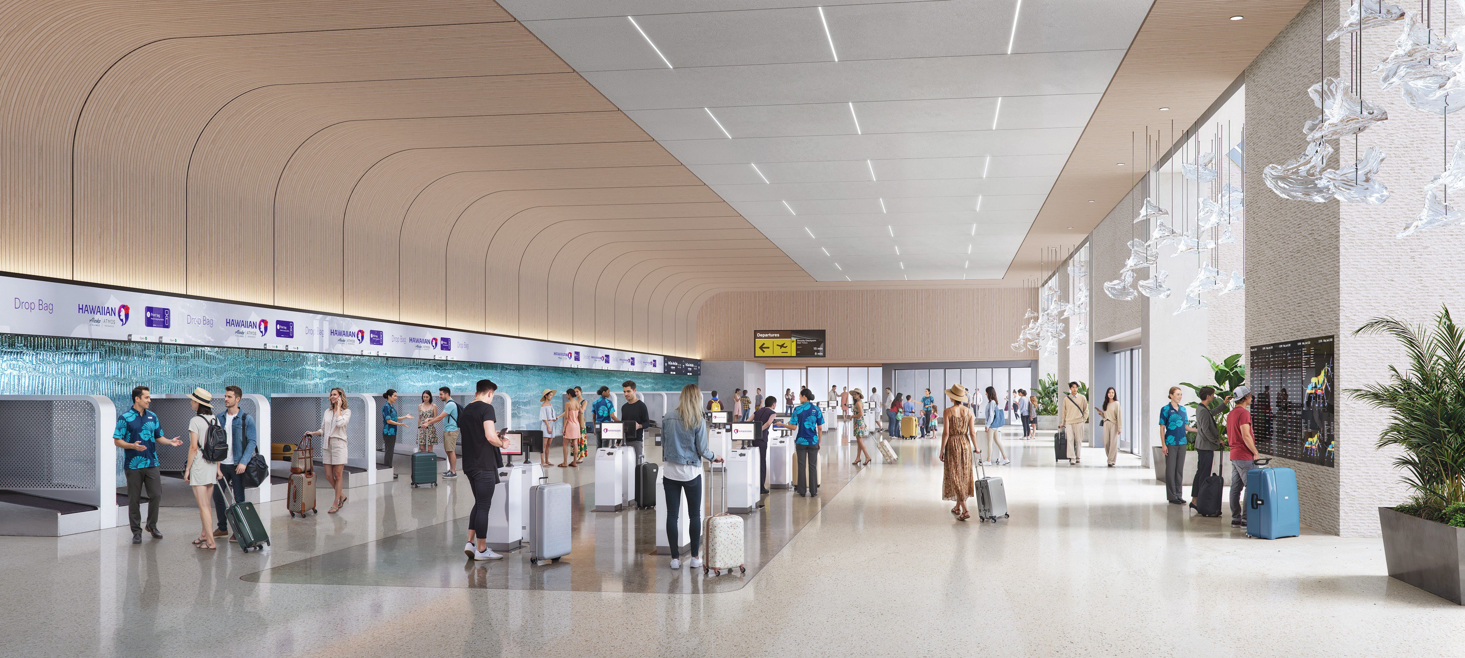 A rendering of a refurbished Hawaiian Airlines check-in area at Honolulu International Airport