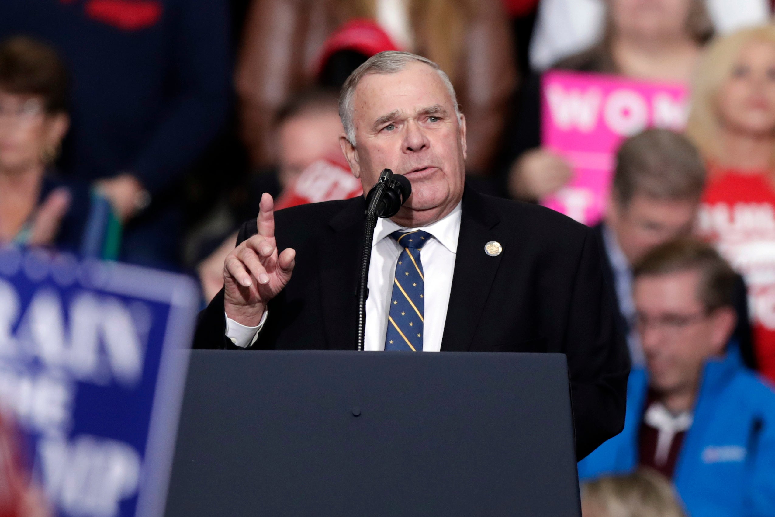 <p>Rep. Jim Baird speaks at a campaign rally featuring President Donald Trump in Indianapolis, Nov. 2, 2018</p>