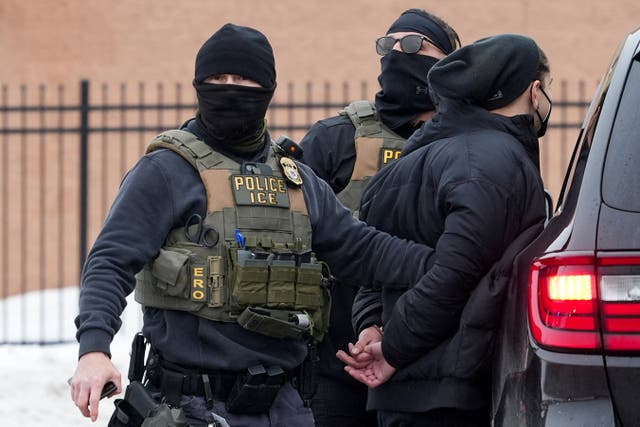 <p>Members of U.S. Immigration and Customs Enforcement (ICE) detain an observer, who was later released in Minneapolis, Minnesota, on January 6</p>