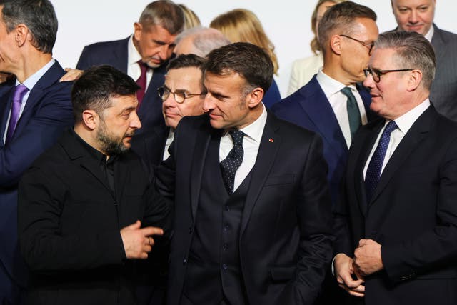 <p>Ukraine's President Volodymyr Zelensky, France's President Emmanuel Macron and Prime Minister Keir Starmer</p>
