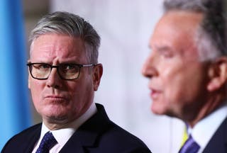 Prime minister Sir Keir Starmer watches US special envoy Steve Witkoff during the press conference