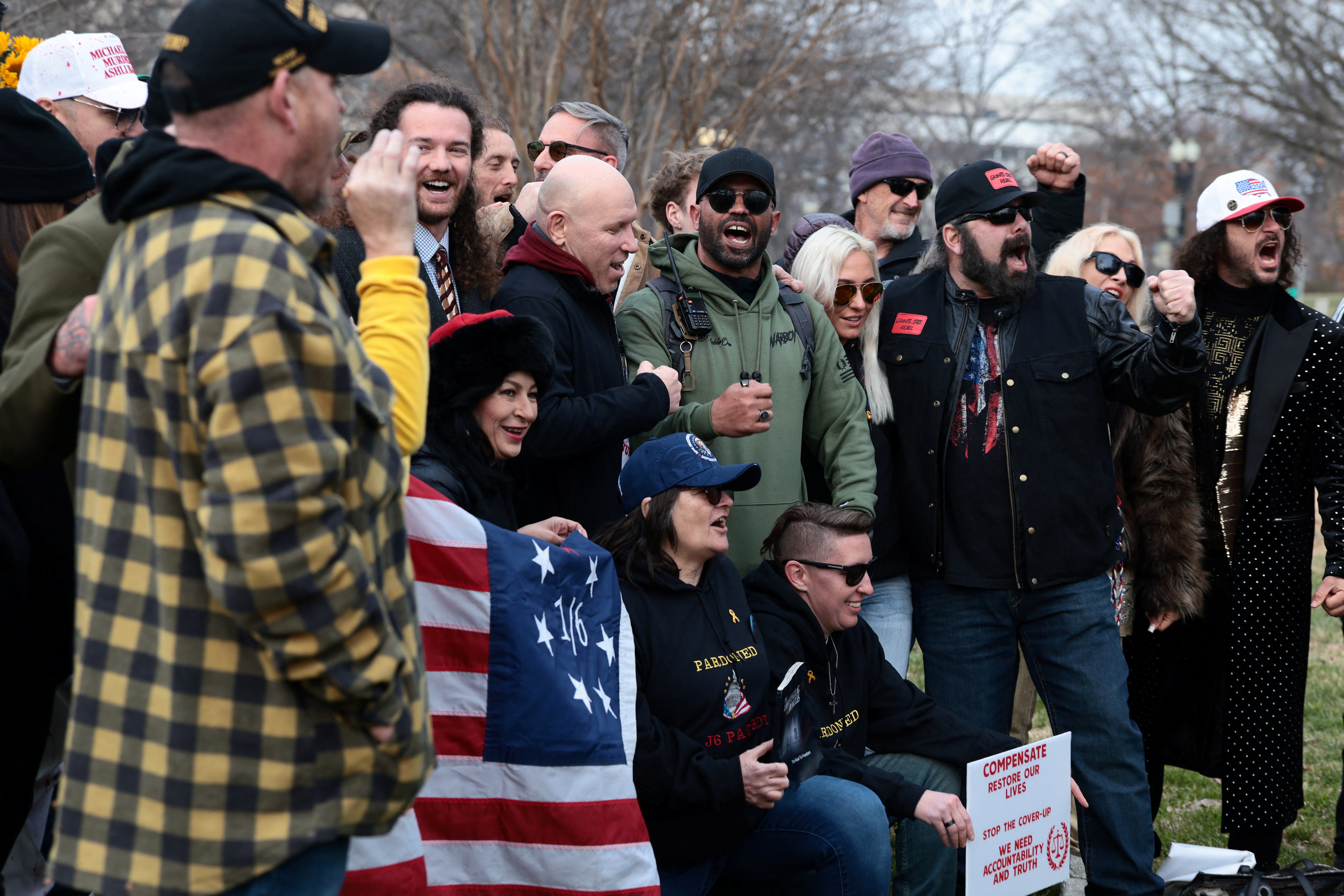 Former national chairman of the Proud Boys, Enrique Tarrio, and Proud Boys members sing for a music video as people gather in memory of those who died on, or in the aftermath, of the January 6, 2021 attack on the U.S. Capitol, on the fifth anniversary of the attack in Washington, D.C., U.S., January 6, 2026