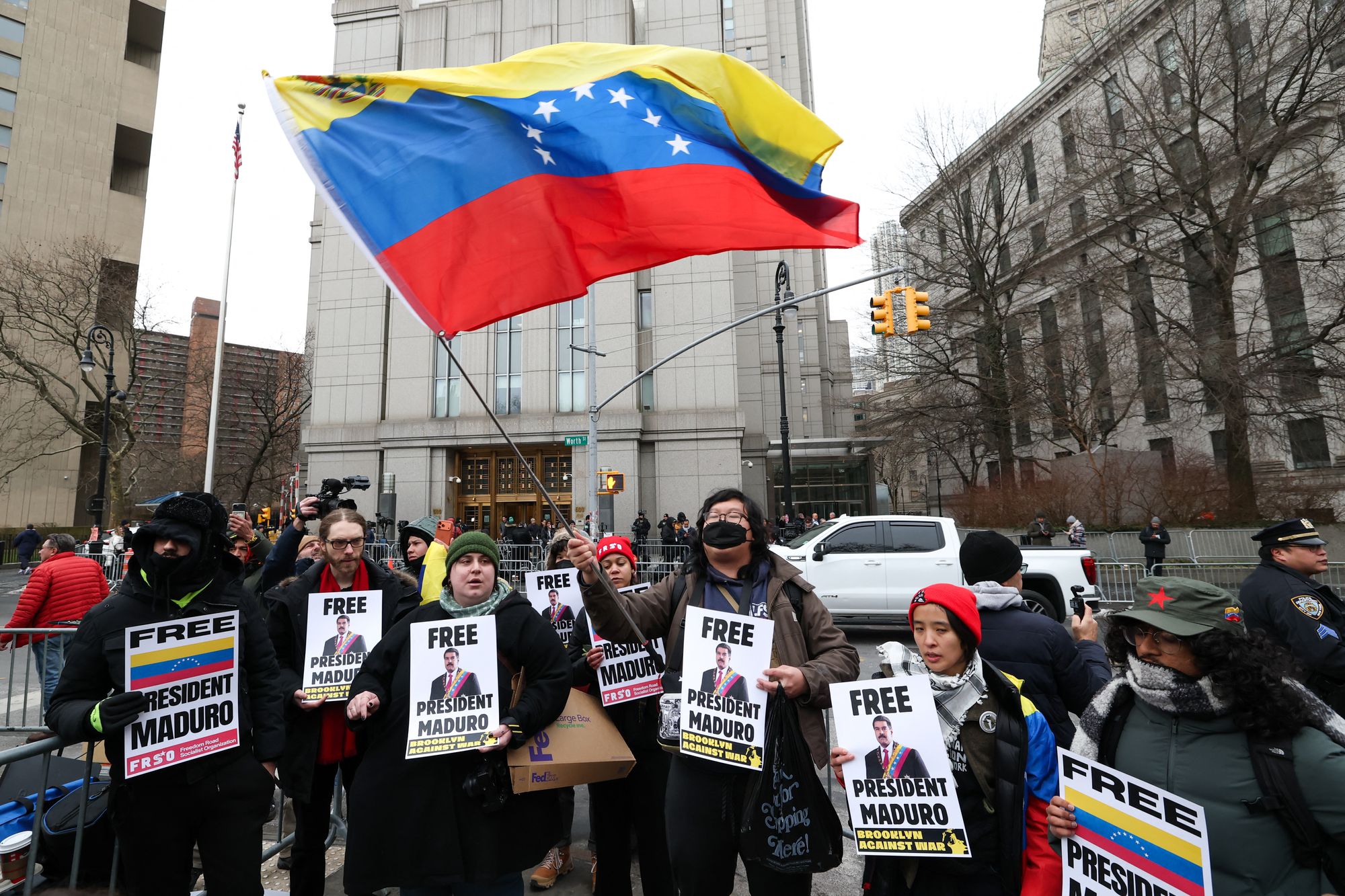 <p>Demonstrators hold signs in support of ousted Venezuelan president Nicolas Maduro outside the Daniel Patrick Moynihan United States Courthouse as Maduro awaits his arraignment hearing on January 5, 2026 in New York</p>