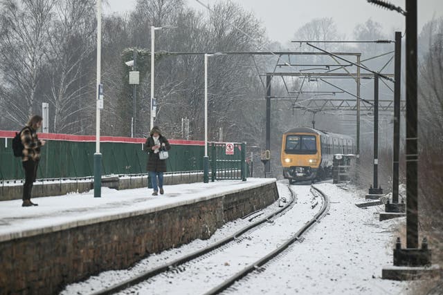 <p>A train arrives into the station in the town of Glossop, Derbyshire, northern England on January 6, 2026</p>